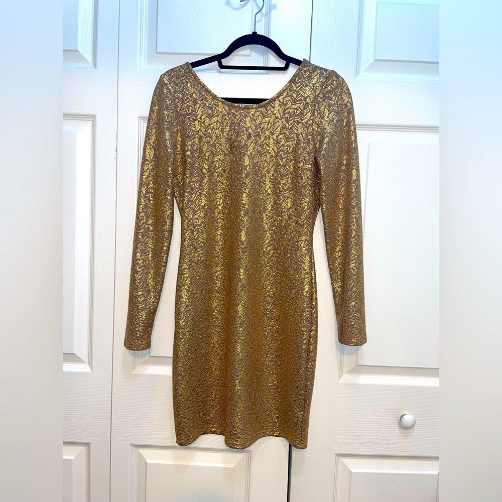 Rhapsody Metallic Gold Long Sleeve Dress Size Medium